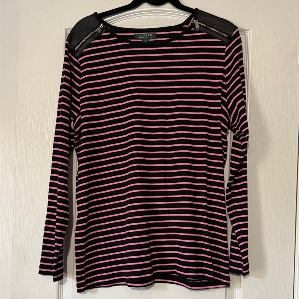 Ralph Lauren Black and Pink Striped Long Sleeve Top Women’s Size 2X